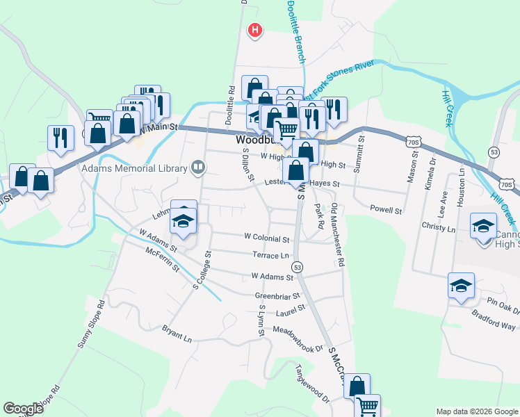 map of restaurants, bars, coffee shops, grocery stores, and more near 310 South Dillon Street in Woodbury