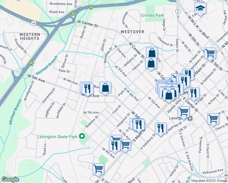 map of restaurants, bars, coffee shops, grocery stores, and more near 610 Westside Drive in Lexington