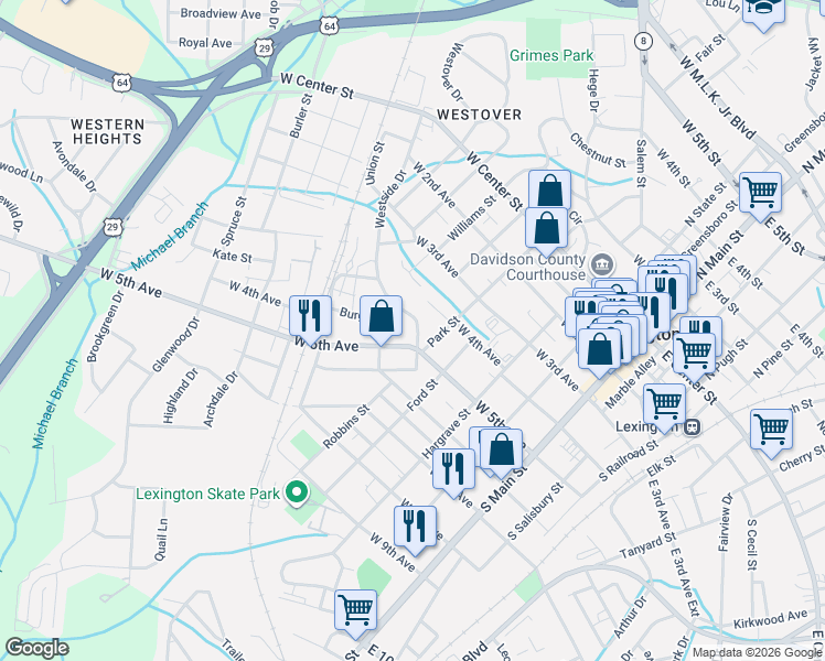 map of restaurants, bars, coffee shops, grocery stores, and more near 609 Westside Drive in Lexington