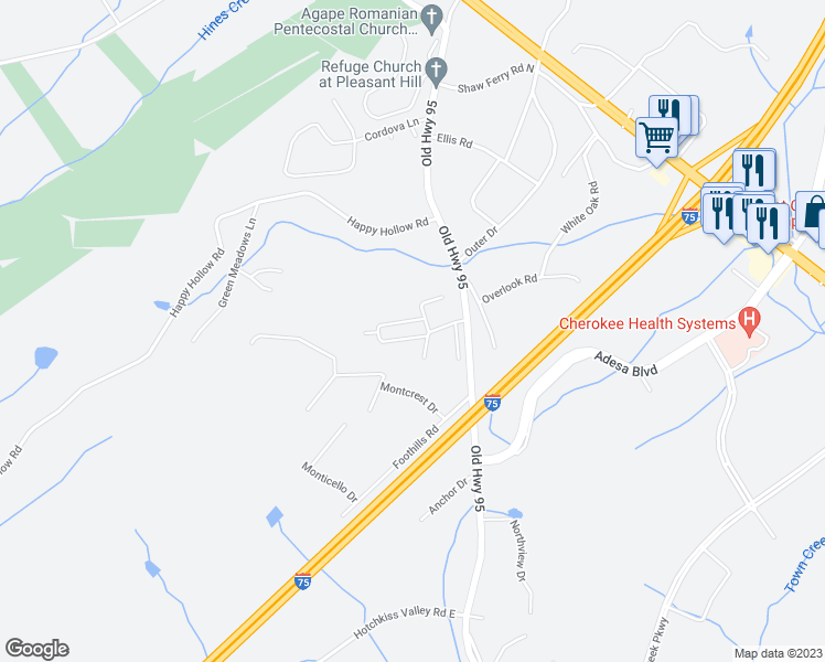 map of restaurants, bars, coffee shops, grocery stores, and more near 208 Executive Meadows Drive in Lenoir City