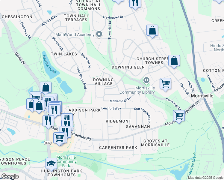 map of restaurants, bars, coffee shops, grocery stores, and more near 921 Shining Wire Way in Morrisville