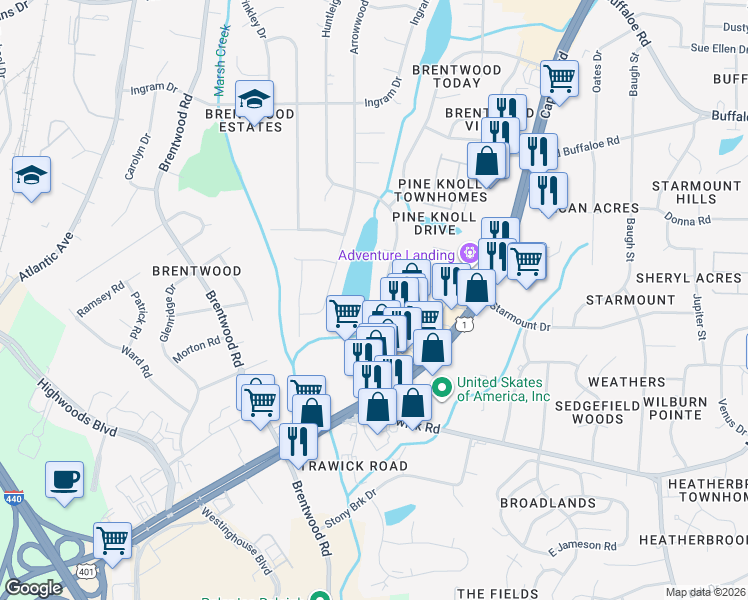 map of restaurants, bars, coffee shops, grocery stores, and more near 3014 Arrowwood Drive in Raleigh