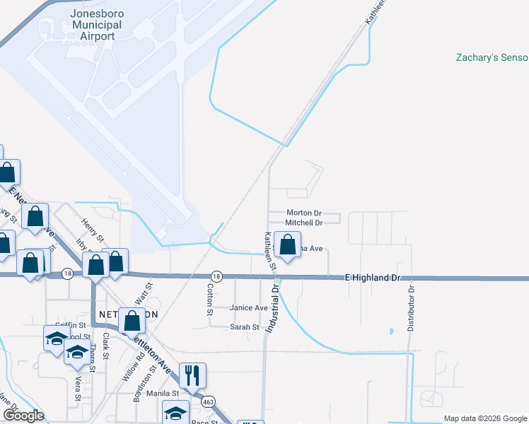 map of restaurants, bars, coffee shops, grocery stores, and more near 1617 Kathleen Street in Jonesboro