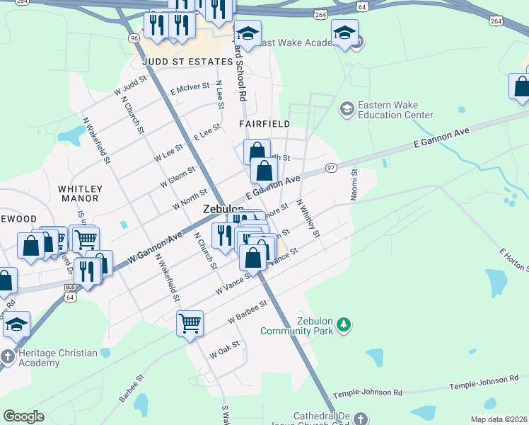 map of restaurants, bars, coffee shops, grocery stores, and more near 201 East Sycamore Street in Zebulon