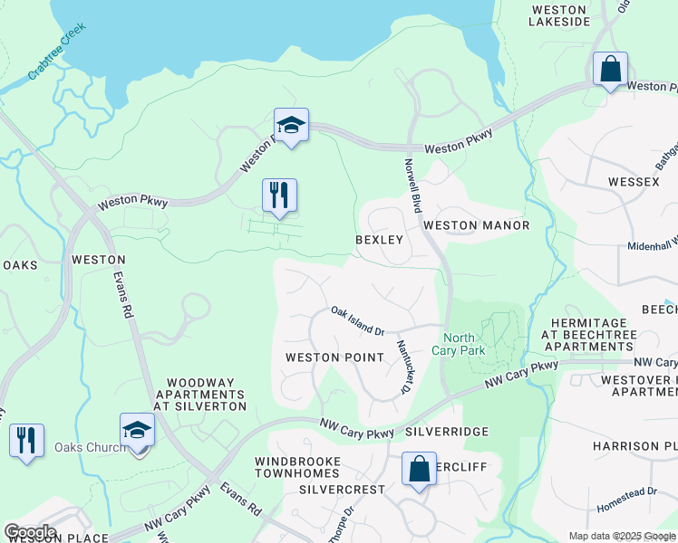 map of restaurants, bars, coffee shops, grocery stores, and more near 106 Ortons Point Place in Cary