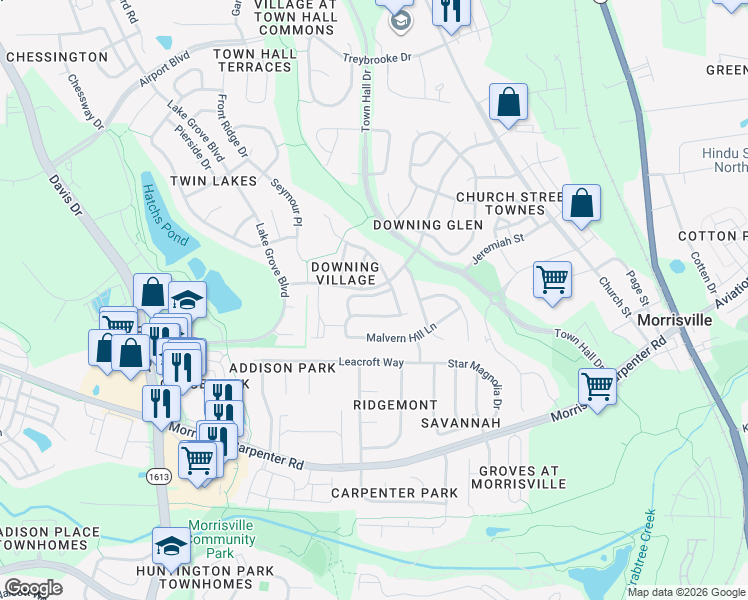 map of restaurants, bars, coffee shops, grocery stores, and more near 921 Shining Wire Way in Morrisville