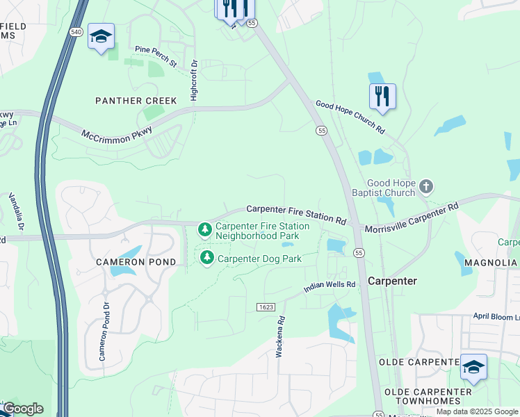 map of restaurants, bars, coffee shops, grocery stores, and more near 7012 Carpenter Fire Station Road in Cary