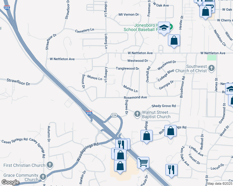 map of restaurants, bars, coffee shops, grocery stores, and more near 1705 Merrill Cove in Jonesboro