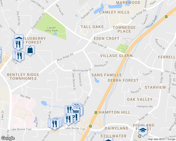 map of restaurants, bars, coffee shops, grocery stores, and more near Wycliff Road in Raleigh