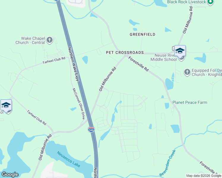 map of restaurants, bars, coffee shops, grocery stores, and more near 2320 Old Milburnie Road in Raleigh