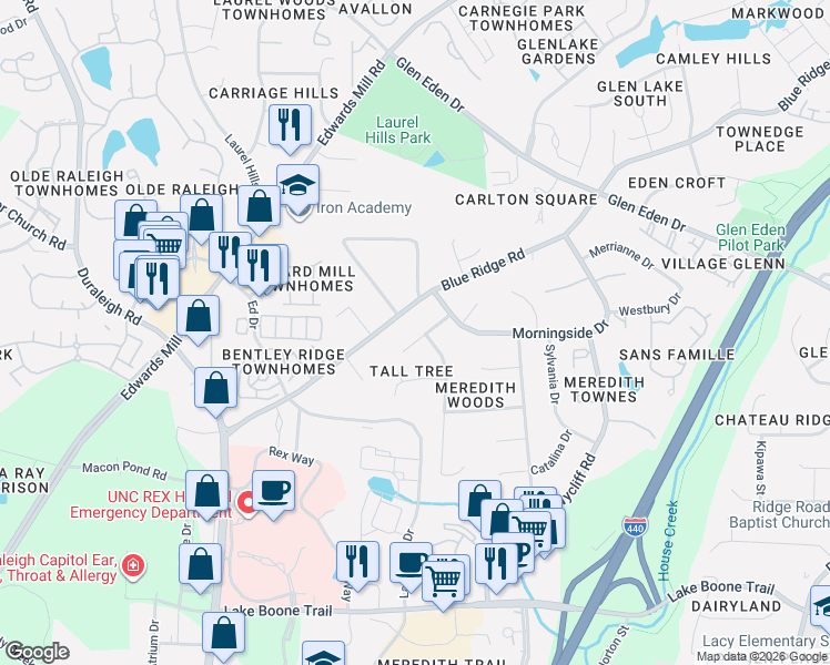 map of restaurants, bars, coffee shops, grocery stores, and more near 3512 Peach Haven Court in Raleigh