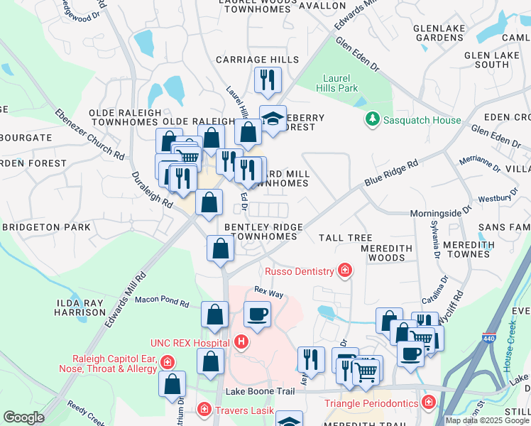 map of restaurants, bars, coffee shops, grocery stores, and more near 3151 Hemlock Forest Circle in Raleigh