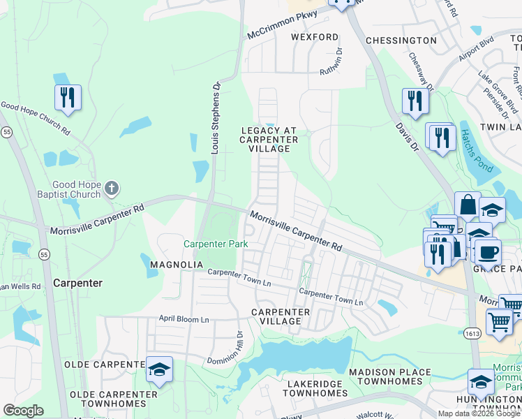 map of restaurants, bars, coffee shops, grocery stores, and more near 214 Frances Green Lane in Cary