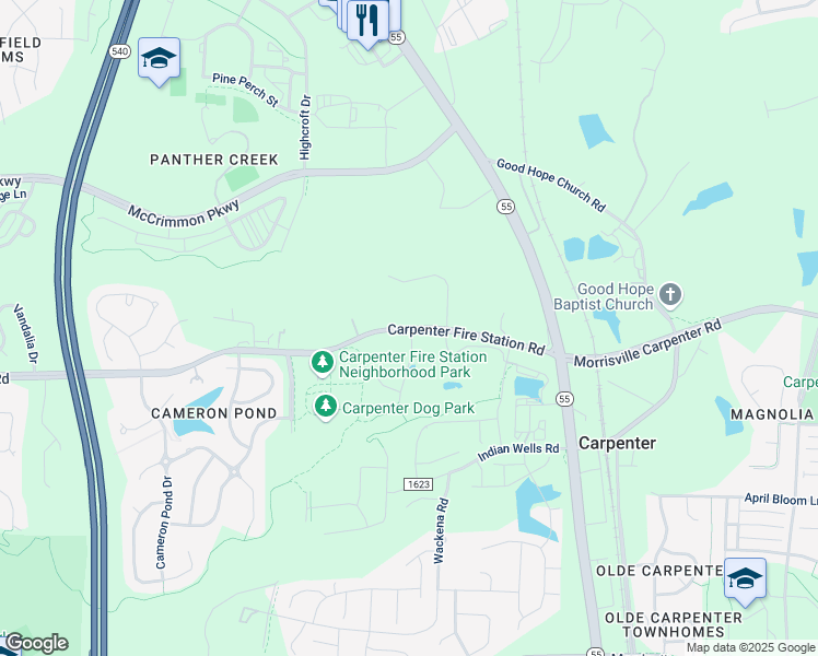 map of restaurants, bars, coffee shops, grocery stores, and more near 7012 Carpenter Fire Station Road in Cary