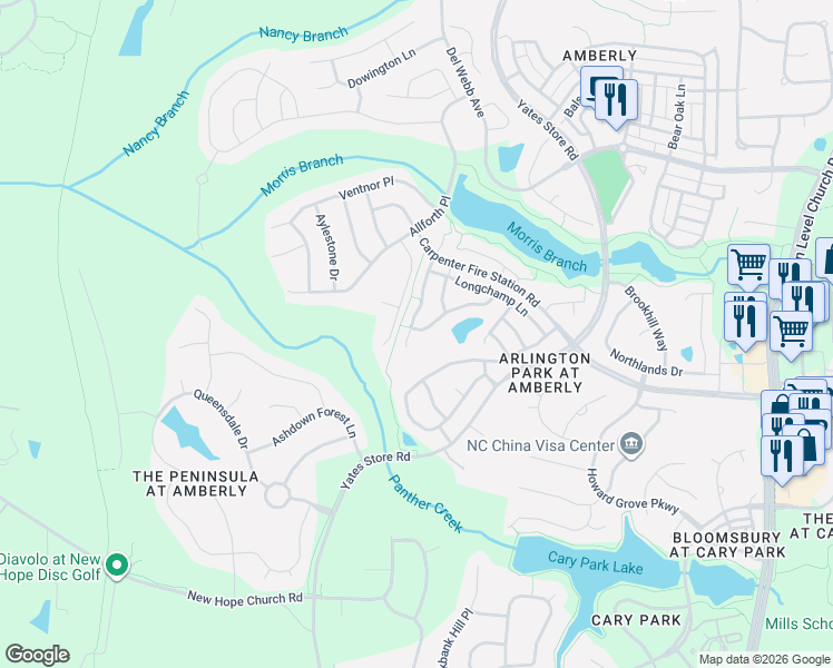 map of restaurants, bars, coffee shops, grocery stores, and more near 1822 Whirlaway Court in Cary
