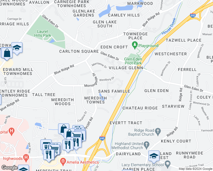 map of restaurants, bars, coffee shops, grocery stores, and more near 3013 Rue Sans Famille in Raleigh
