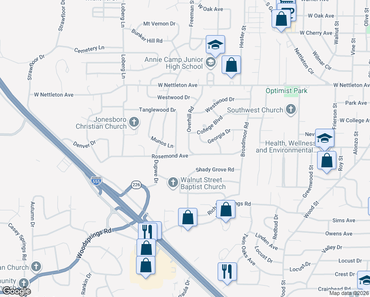 map of restaurants, bars, coffee shops, grocery stores, and more near 1705 Overhill Road in Jonesboro