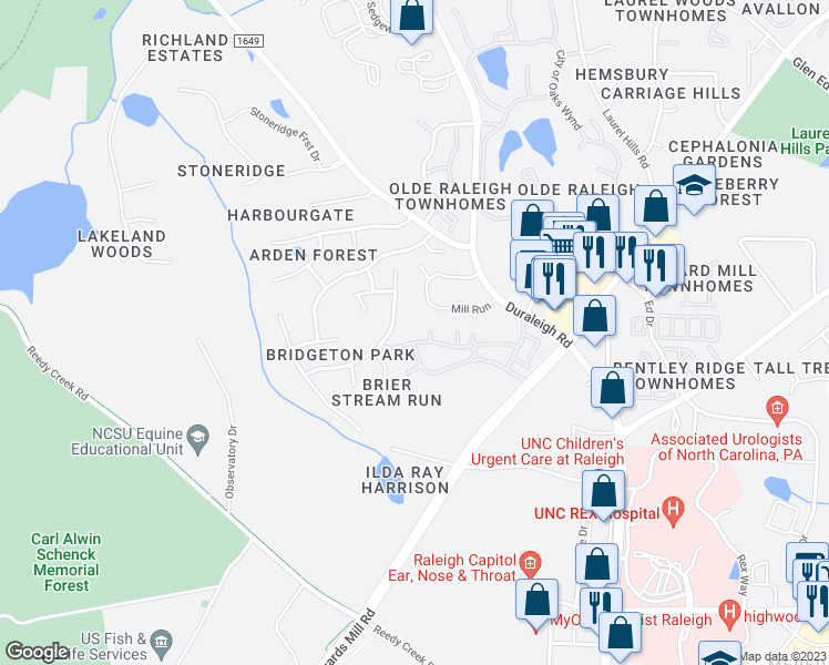 map of restaurants, bars, coffee shops, grocery stores, and more near 3420 Cotton Mill Drive in Raleigh