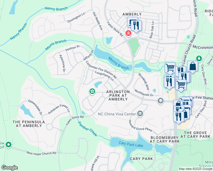 map of restaurants, bars, coffee shops, grocery stores, and more near 540 War Admiral Court in Cary