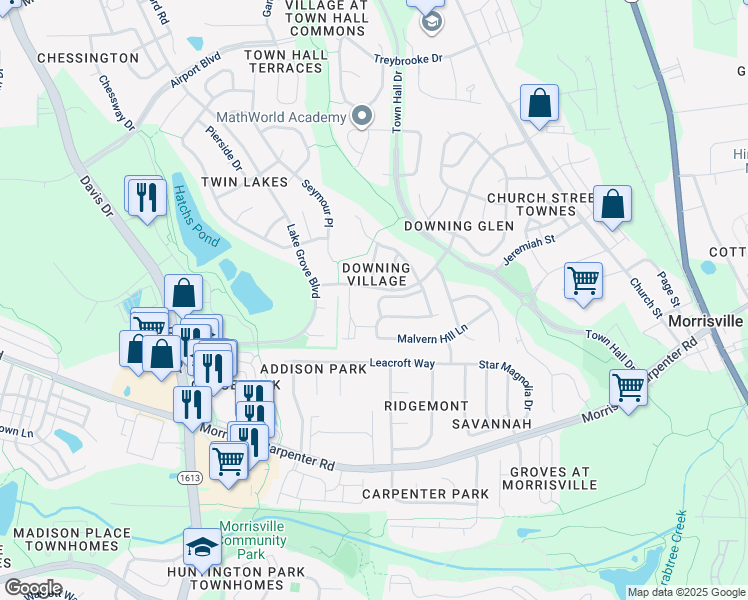 map of restaurants, bars, coffee shops, grocery stores, and more near 948 Shining Wire Way in Morrisville