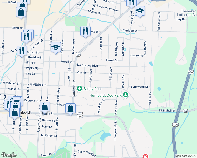 map of restaurants, bars, coffee shops, grocery stores, and more near 2503 Saint Mary Drive in Humboldt