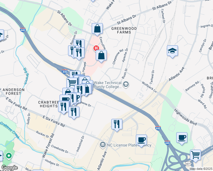 map of restaurants, bars, coffee shops, grocery stores, and more near 3208 Apache Drive in Raleigh