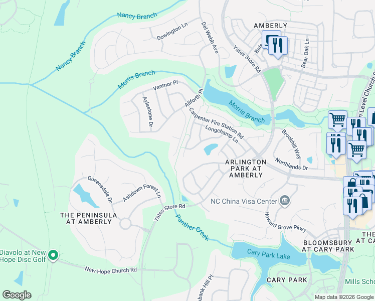 map of restaurants, bars, coffee shops, grocery stores, and more near 1822 Whirlaway Court in Cary