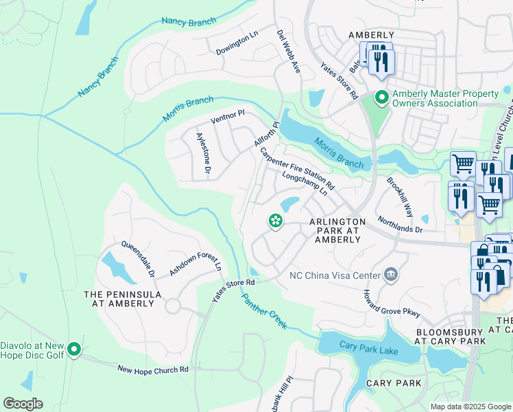 map of restaurants, bars, coffee shops, grocery stores, and more near 1903 Whirlaway Court in Cary