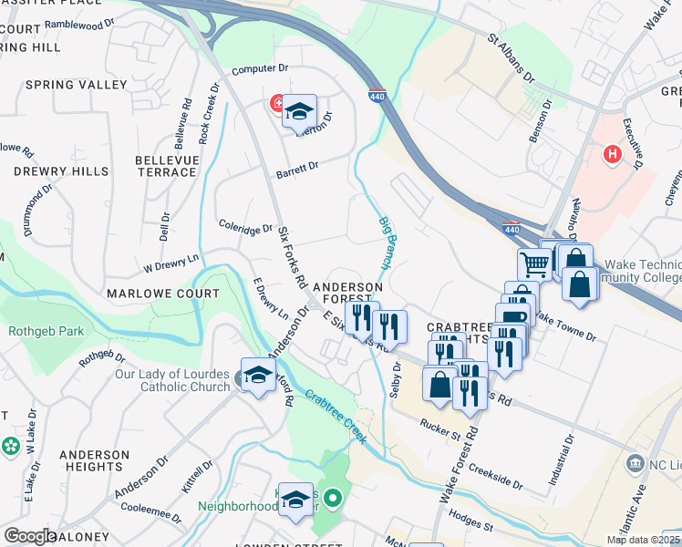 map of restaurants, bars, coffee shops, grocery stores, and more near 3212 Anderson Drive in Raleigh