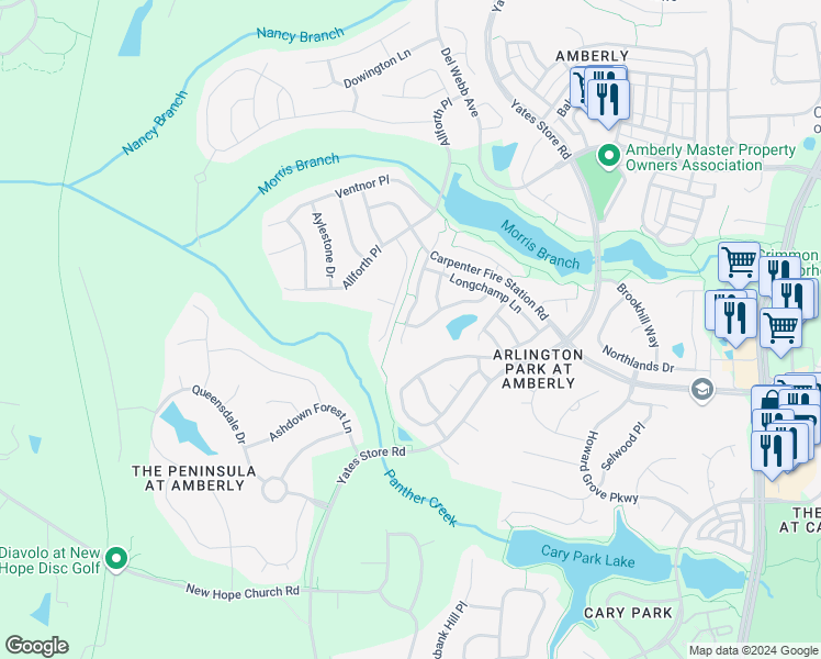 map of restaurants, bars, coffee shops, grocery stores, and more near 1903 Whirlaway Court in Cary