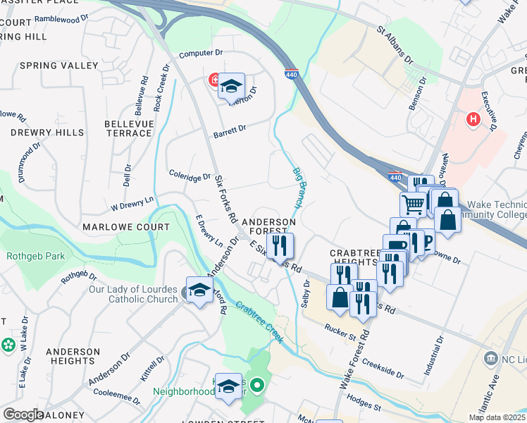 map of restaurants, bars, coffee shops, grocery stores, and more near 3212 Anderson Drive in Raleigh