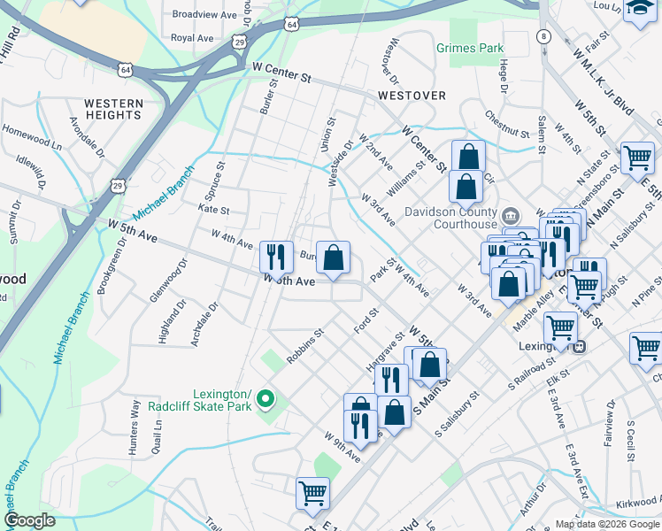 map of restaurants, bars, coffee shops, grocery stores, and more near 507 Burgin Drive in Lexington