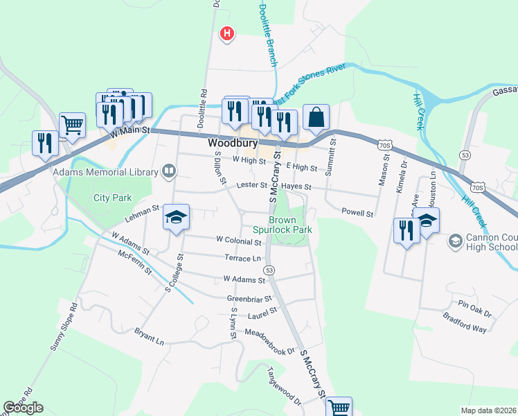 map of restaurants, bars, coffee shops, grocery stores, and more near 104 Lehman Street in Woodbury