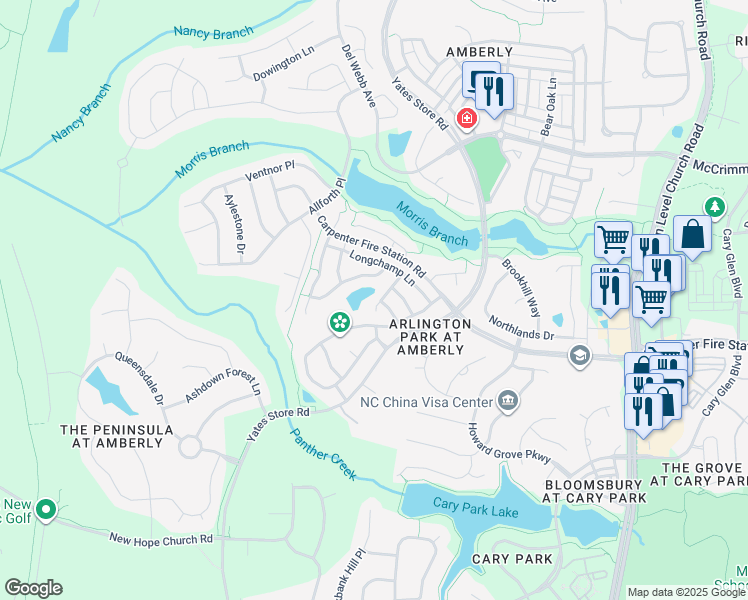 map of restaurants, bars, coffee shops, grocery stores, and more near 540 War Admiral Court in Cary
