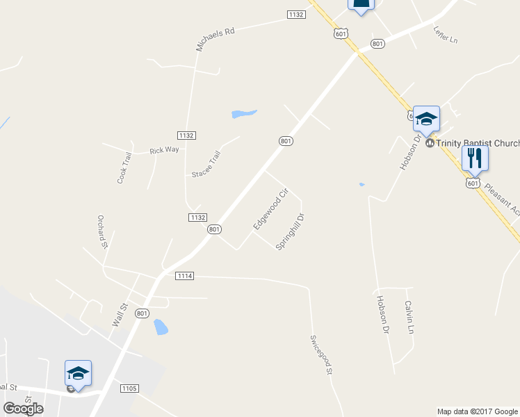 map of restaurants, bars, coffee shops, grocery stores, and more near 184 Edgewood Circle in Mocksville