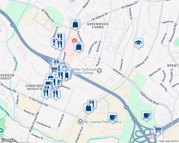 map of restaurants, bars, coffee shops, grocery stores, and more near 1605 Seminole Trail in Raleigh