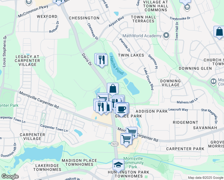 map of restaurants, bars, coffee shops, grocery stores, and more near 3612 Davis Drive in Morrisville