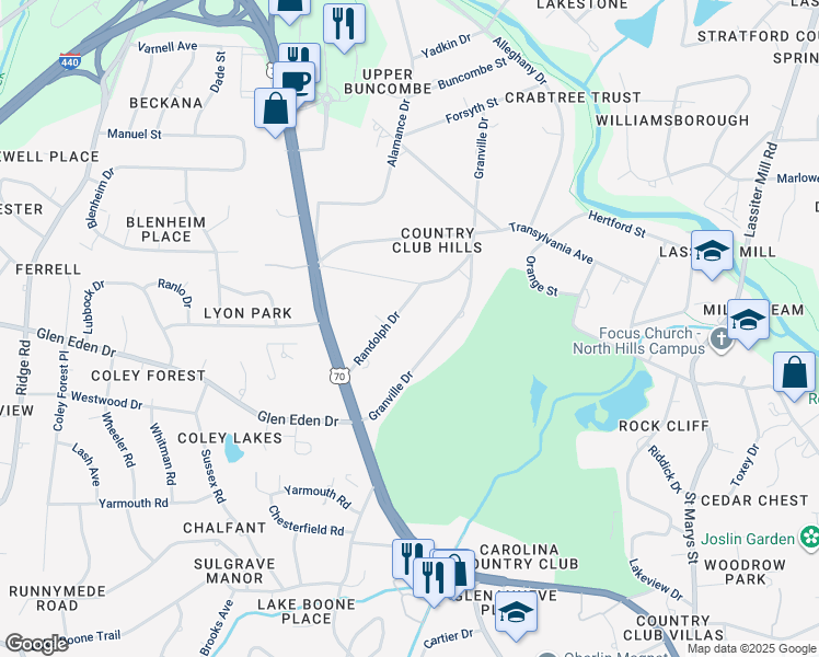 map of restaurants, bars, coffee shops, grocery stores, and more near 3030 Randolph Drive in Raleigh