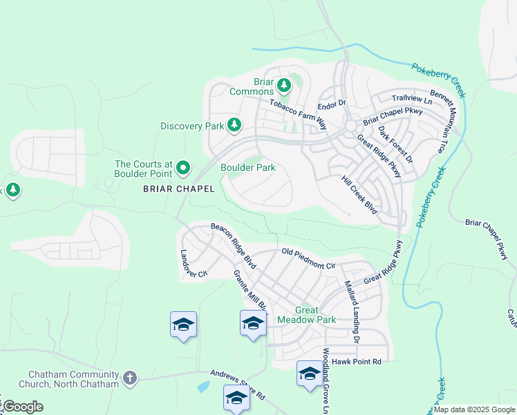 map of restaurants, bars, coffee shops, grocery stores, and more near 419 Wildwind Drive in Chapel Hill