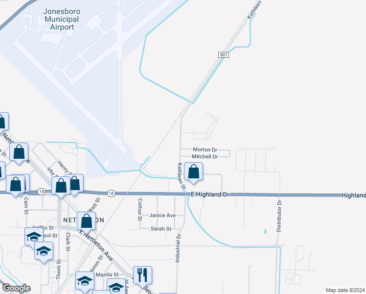 map of restaurants, bars, coffee shops, grocery stores, and more near 1617 Kathleen Street in Jonesboro