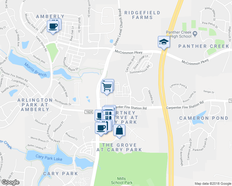 map of restaurants, bars, coffee shops, grocery stores, and more near 903 Morris Dale Lane in Cary