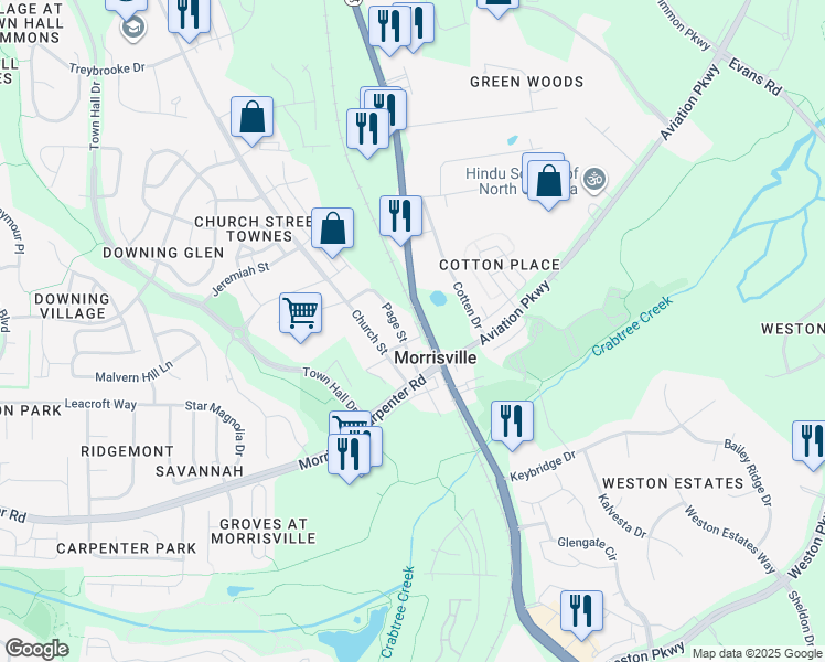 map of restaurants, bars, coffee shops, grocery stores, and more near 308 Page Street in Morrisville