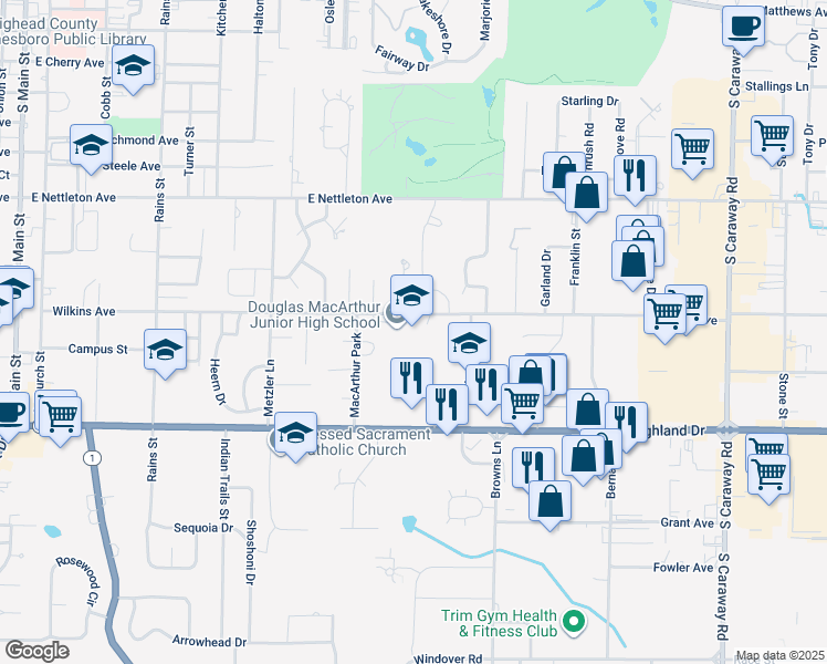 map of restaurants, bars, coffee shops, grocery stores, and more near 1615 Wilkins Avenue in Jonesboro