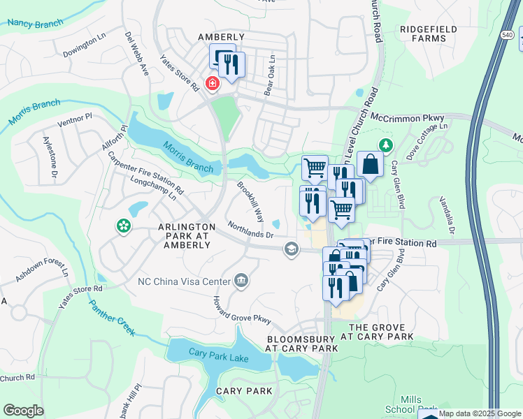 map of restaurants, bars, coffee shops, grocery stores, and more near 1139 Brookhill Way in Cary