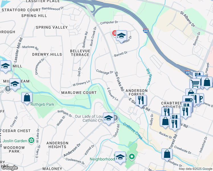 map of restaurants, bars, coffee shops, grocery stores, and more near 106 Byron Place in Raleigh