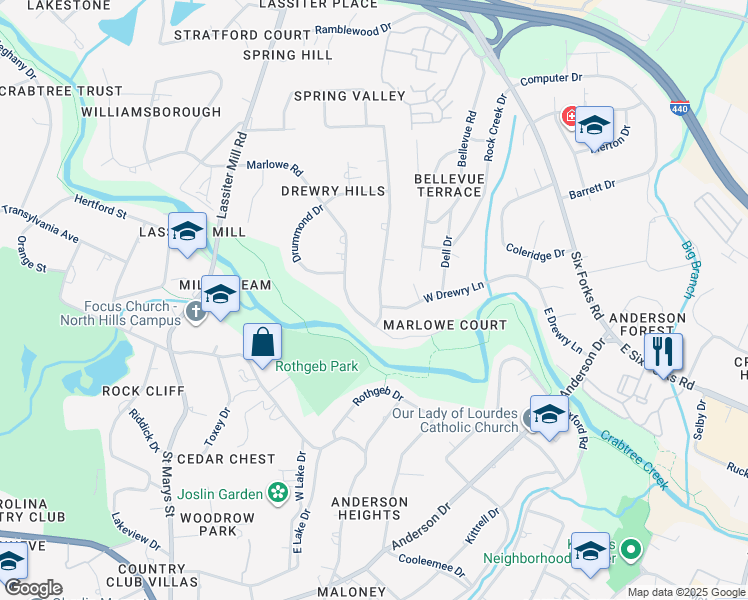 map of restaurants, bars, coffee shops, grocery stores, and more near 3201 Landor Road in Raleigh