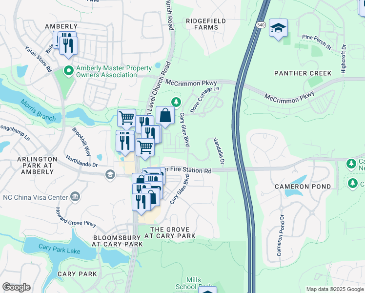 map of restaurants, bars, coffee shops, grocery stores, and more near 714 Blossom Grove Drive in Cary