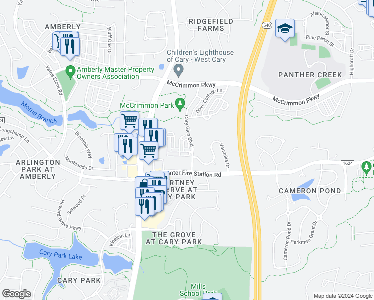 map of restaurants, bars, coffee shops, grocery stores, and more near 714 Blossom Grove Drive in Cary