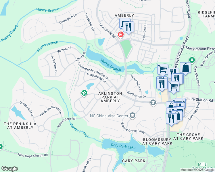 map of restaurants, bars, coffee shops, grocery stores, and more near 218 Lone Star Way in Cary