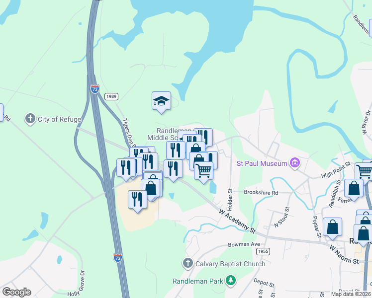 map of restaurants, bars, coffee shops, grocery stores, and more near 800 High Point Street in Randleman